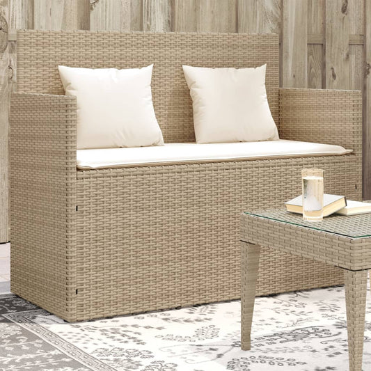 Cassapanca da giardino in rattan beige con cuscini bianco crema