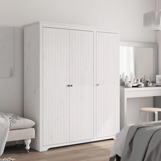 Armadio Classico 146x53,5x173 cm in Legno Massello di Pino – Bianco, 3 Ante | BODO