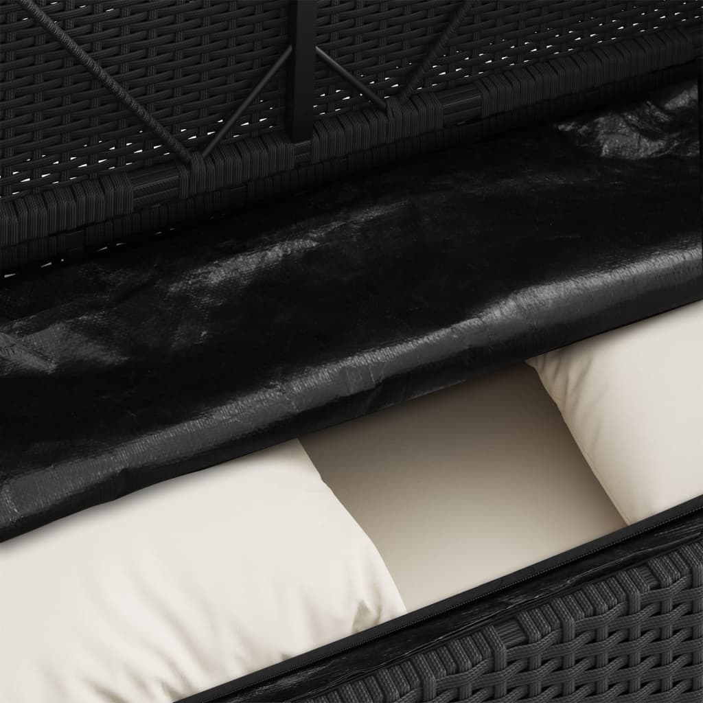 Cassapanca da giardino in rattan nero con cuscini bianco crema