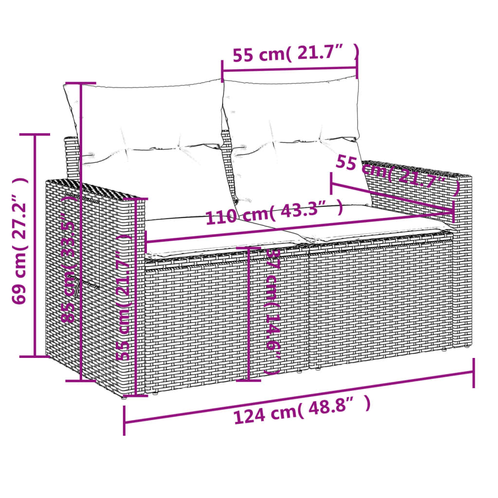 Divanetto da giardino 2 posti in rattan beige con tavolino pieghevole