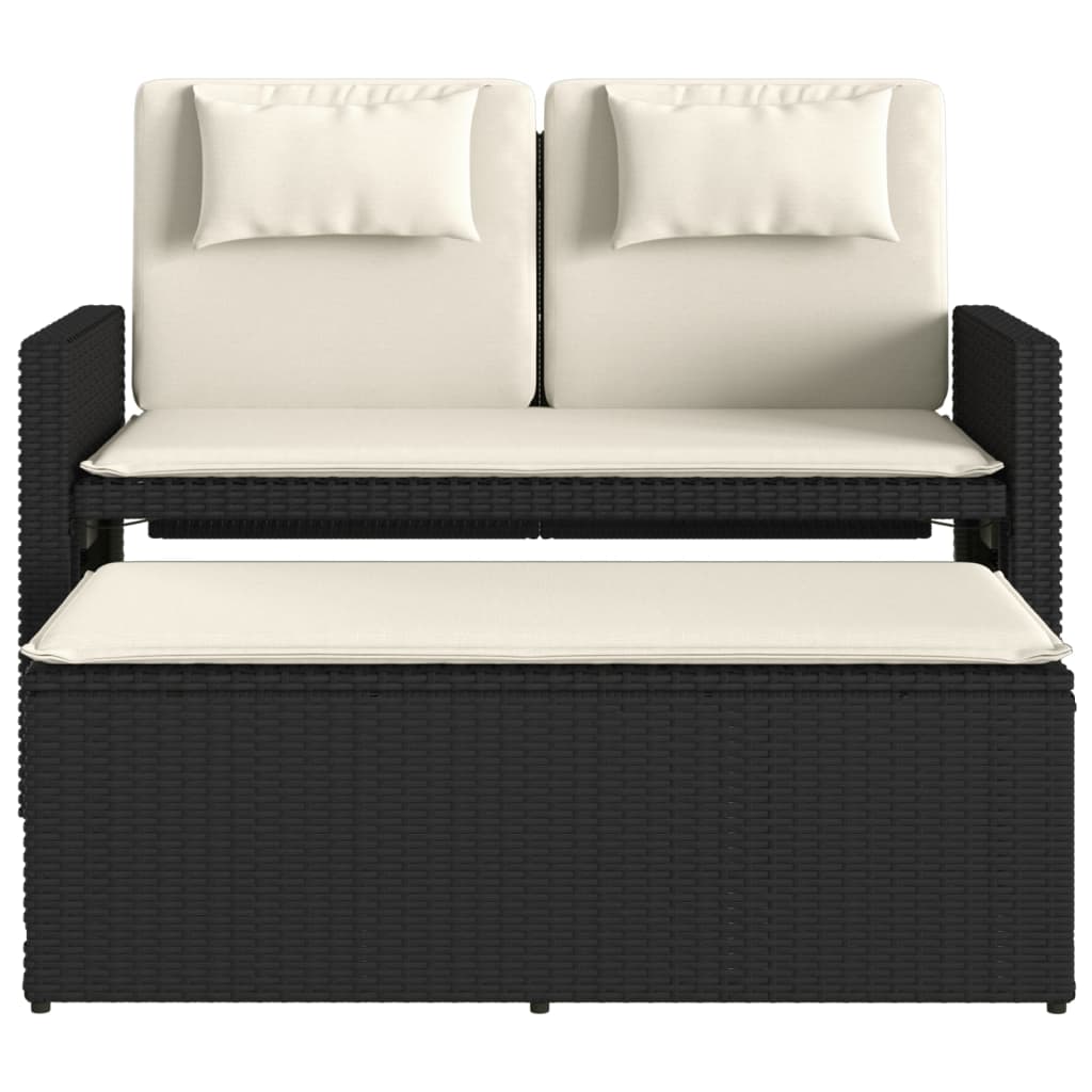 Panca da giardino reclinabile in rattan nero con cuscini bianco crema